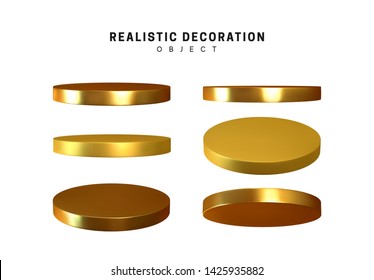 Set Metal golden platform stand. Flat gold cylinder circle plates podium stage. Bronze metallic color.  Realistic  3d decorative design elements. vector illustration