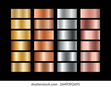 Conjunto de gradientes de metal, ouro, bronze, prata, ouro branco, ouro rosa. Paleta. Folha de material. Textura do holograma. Fronteira. alumínio. Efeito de luxo. Gradação. Textura cromada. Bokeh de platina. Cor vibrante