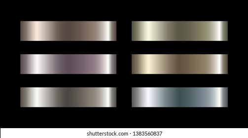 Set of metal gradients, vector collection of decorative ribbons with metallic glow in various shades of color.