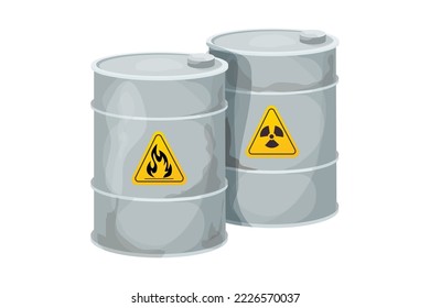 Set Metal gray old barrel flammable, dangerous sign in cartoon style isolated on white background. 