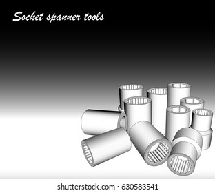 A set of metal heads tools for keys spanner of different sizes stacked on background.