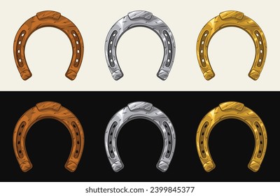 Set of metal horseshoes in vintage style. Golden, steel, rusty objects. Talisman, amulet, symbol of good luck, wealth, success.