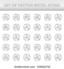 Set of metal icons on silver circles - isolated on white background. Vector illustration.