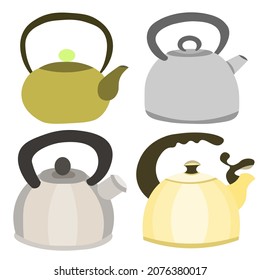 set of metal kettles for boiling water, kettle for tea and coffee. Illustration of drawing of kitchen utensils, drinking tableware. Hand-drawn illustration in vector