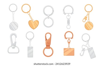 Set of metal keychain with ring and chain vector illustration isolated on white background
