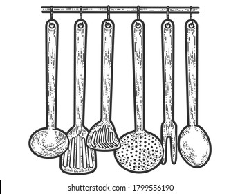 Set of metal kitchen utensils hanging on wall. Sketch scratch board imitation.