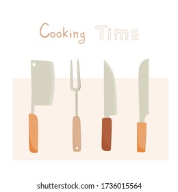 Set of metal knives and forks for cooking. Kitchen utensils - chef knife, bread knife, hatchet knife, large fork for meat. Flat vector illustration with handwritten inscription.