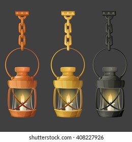 Set of metal lamps or lanterns holding on chain. Vector illustration.