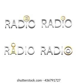 Set of metal logotype frames isolated on white background. Vector graphic silver and gold symbol for company. Radio logo
