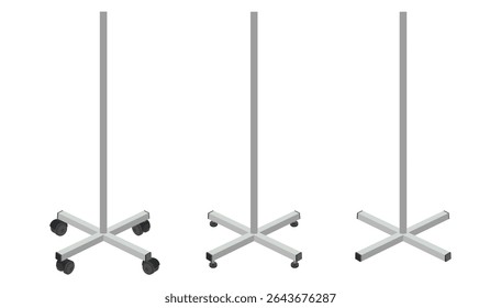 Conjunto de suportes de metal médico ou escritório com diferentes tipos de rodas de rodízio. Ilustração vetorial de bases de suporte móveis e estacionárias. Isolado no fundo branco.