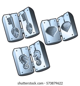 A set of metal mold plates for casting keys and pieces of jewelry isolated on white background. Set for mass production and forgery of the keys. Cartoon vector illustration close-up.