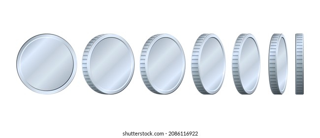 Set of metal money in different positions. Shiny silver coin turn around. Realistic seven coins from different angles of view. For your online casino design. Vector illustration Isolated on white.