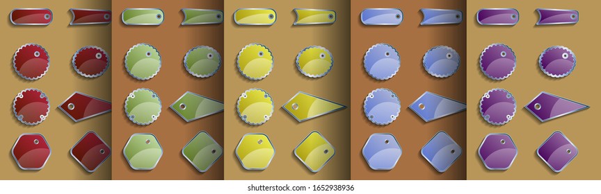 Set aus Metall mehrfarbige Etiketten für Werbung, Brief, Preise.