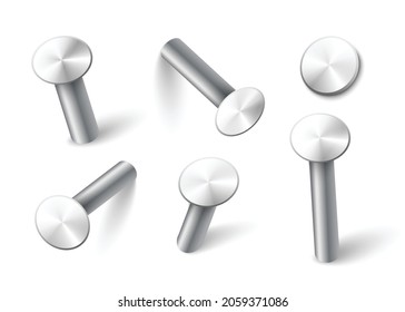 Set of metal nails in different perspective images on white background in realistic vector illustration on white background. Nails hammered into wall, steel or silver round, shiny pin heads.