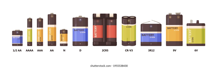 Set of metal nickel and lithium-ion batteries of different sizes, power and voltage. Alkaline energy sources for electric devices. Colored flat vector illustration isolated on white background svg