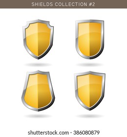 Set of metal orange medieval shields template on white background. Security symbols. Vector illustration