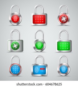 Set of metal padlocks round and square shapes with different types of protection in the form of a combination lock, PIN code and fingerprint on a red, green and blue dial. Vector illustration