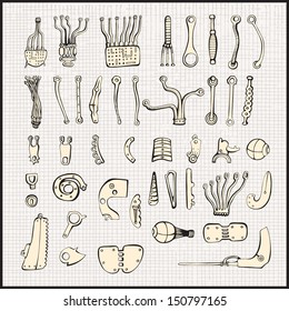 Set of metal parts, plates, wires and electronic circuits and other electrical devices. Vector hand drawings.