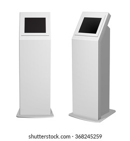 Set of metal payment terminal stand, ATM or display advertising, vertical white for indoor and outdoor use.