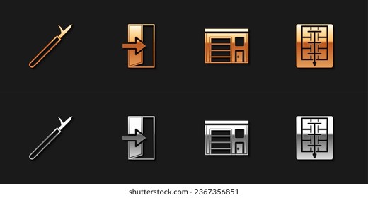 Set Metal pike pole, Fire exit, Building of fire station and Evacuation plan icon. Vector