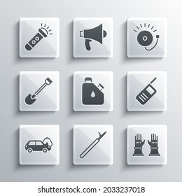 Set Metal pike pole, Firefighter gloves, Walkie talkie, Canister fuel, Burning car, shovel, Flashlight and Ringing alarm bell icon. Vector
