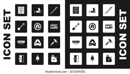 Set Metal pike pole, No fire, Fire shovel, Evacuation plan, truck, Cigarette, Firefighter axe and exit icon. Vector