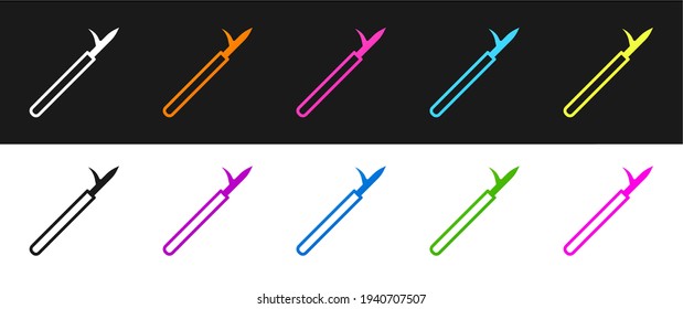 Set Metal pike pole with wooden handle icon isolated on black and white background. Spear, pickaxe, hook hand extinguishing instrument and tool for fireman.  Vector