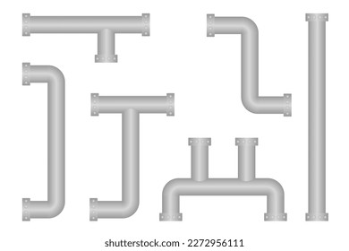 Set of metal pipe, Industrial stainless steel pipe, drain, fuel pipe, Vector illustration.