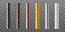 Set Of Metal Pipes.  Pipe Profiles In Steel, Cast Iron, Aluminum, Copper And Brass. Realistic Vector Illustration Isolated On Transparent Background.