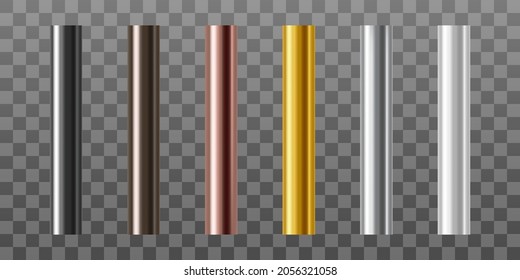 Set of metal pipes.  Pipe profiles in steel, cast iron, aluminum, copper and brass. Realistic vector illustration isolated on transparent background.