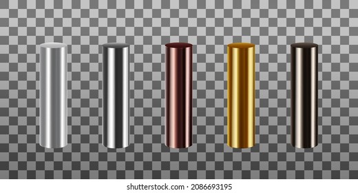 Set of metal pipes. Pipe profiles made of aluminum, steel, copper, brass and cast iron. Realistic vector illustration isolated on transparent background.