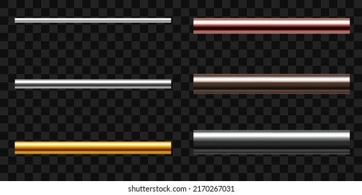 Set of metal pipes. Pipe profiles in steel, cast iron, aluminum, copper, brass or gold. Realistic vector illustration isolated on transparent background.