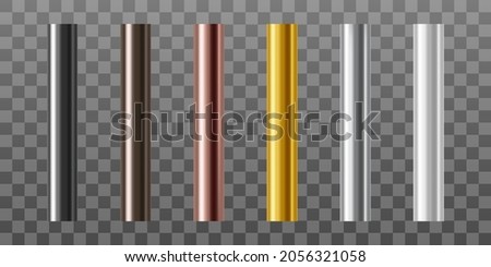 Set of metal pipes.  Pipe profiles in steel, cast iron, aluminum, copper and brass. Realistic vector illustration isolated on transparent background.