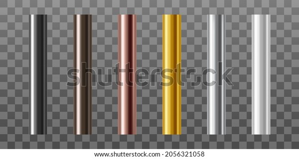 Set of metal pipes.  Pipe\
profiles in steel, cast iron, aluminum, copper and brass. Realistic\
vector illustration isolated on transparent\
background.