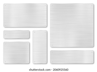 Set of metal plaques, banners and tags. Metal plate and plaque with realistic steel texture and scratches. Metal background with silver stainless texture. Vector