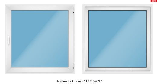 Set of Metal plastic PVC window with one sash and opening casement. Indoor and Outdoor view. Presentation of models and frame installation. Vector Illustration isolated on white background.