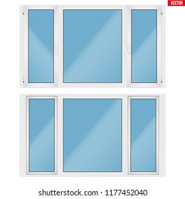 Set of Metal plastic PVC window with three sash and two opening casement. Indoor and Outdoor view. Presentation of models and frame installation. Vector Illustration isolated on white background.