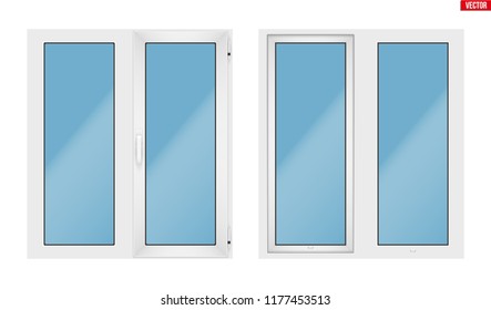 Set of Metal plastic PVC window with two sash and one opening casement. Indoor and Outdoor view. Presentation of models and frame installation. Vector Illustration isolated on white background.