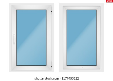 Set of Metal plastic PVC window with one sash and opening casement. Indoor and Outdoor view. Presentation of models and frame installation. Vector Illustration isolated on white background.