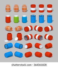 Set of the metal, plastic and wooden barrels. 3D lowpoly isometric vector illustration. The set of objects isolated against the grey background and shown from different sides