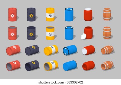 Set of the metal, plastic and wooden barrels. 3D lowpoly isometric vector illustration. The set of objects isolated against the grey background and shown from different sides