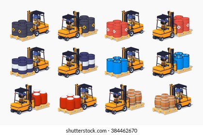 Set of the metal, plastic and wooden barrels on the forklifts. 3D lowpoly isometric vector illustration. The set of objects isolated against the white background and shown from two sides