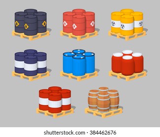 Set of the metal, plastic and wooden barrels on the pallets. 3D lowpoly isometric vector illustration. The set of objects isolated against the grey background