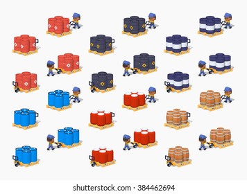 Set of the metal, plastic and wooden barrels on the manual pallet trucks. 3D lowpoly isometric vector illustration. The set of objects isolated against the white background and shown from two sides