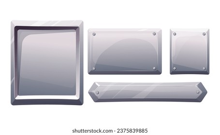 Set metal plate, steel frame, iron panel game menu in cartoon style silver color isolated ob white background. Board template.