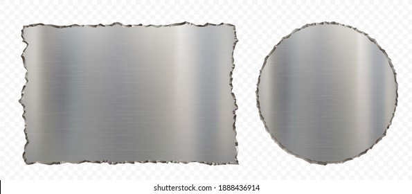 Set of metal plates with ragged edges. Template isolated on a transparent background. Vector illustration