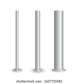 Set of metal poles with different diameters. Polish steel columns in different section shapes 3d vector street base aluminum