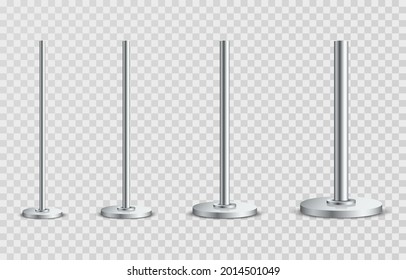 Set of metal poles with different diameters on transparent background. Realistic detailed 3d metal columns. Steel pipes. Template design for urban advertising banners, billboard, streetlight. Vector