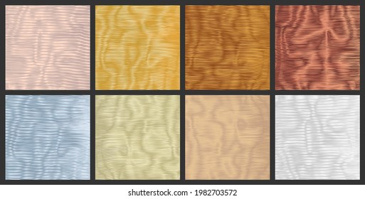 Set of metal polished surfaces. Bright silver stripy metallic backdrop. Copper metal texture with wavy, curves shift stripes. Bronze and steel moire interference effect. Vector vibrant  background