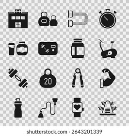 Set Metal rack with weights, Bodybuilder muscle, Stationary bicycle, Chest expander, Fitness club, gym card, Sports nutrition, Gym building and  icon. Vector